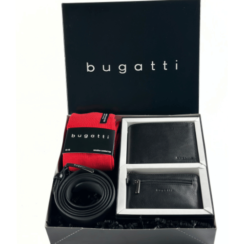 Set cadou bărbați negru/rosu, Bugatti, portofel Bugatti, port-chei Bugatti, curea Bugatti, șosete Bugatti