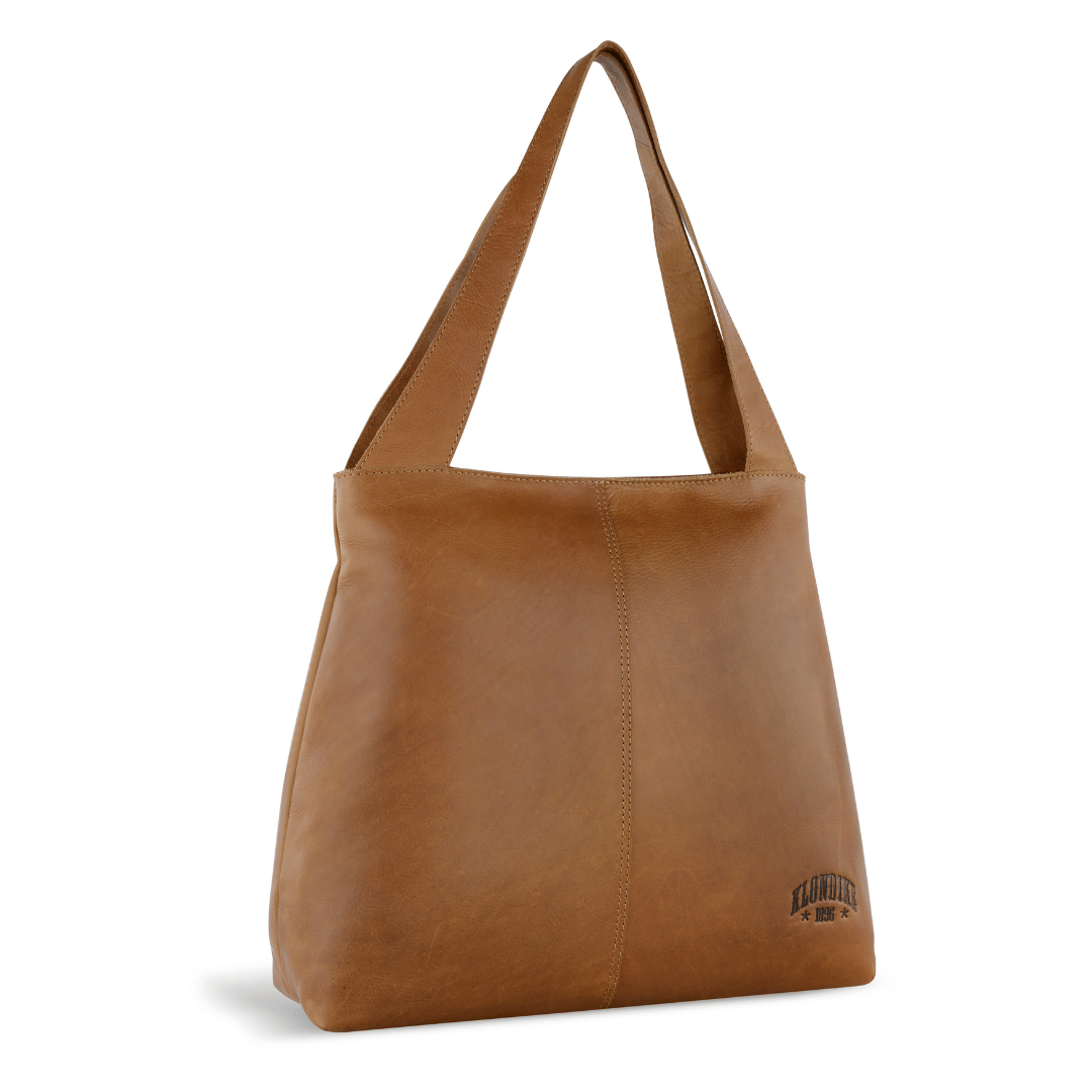 Geanta de umar dama, KLONDIKE, seria Rush Katrina, KD1314, 27 x 7 x 33 cm, piele naturala, maro cognac