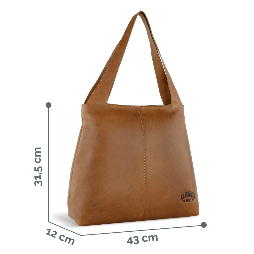 Geanta de umar dama, KLONDIKE, seria Rush Katrina, KD1314, 27 x 7 x 33 cm, piele naturala, maro cognac