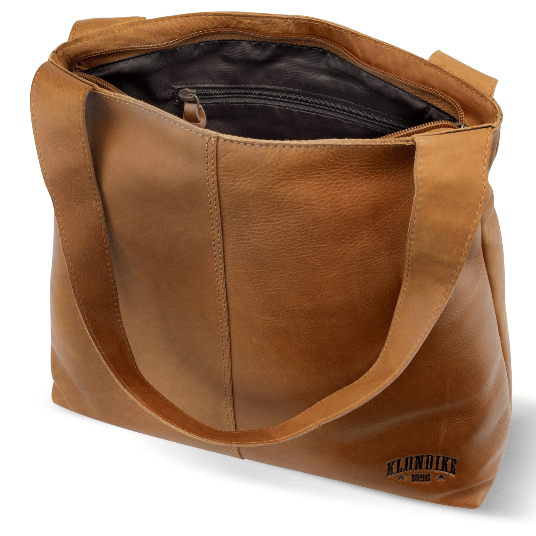 Geanta de umar dama, KLONDIKE, seria Rush Katrina, KD1314, 27 x 7 x 33 cm, piele naturala, maro cognac