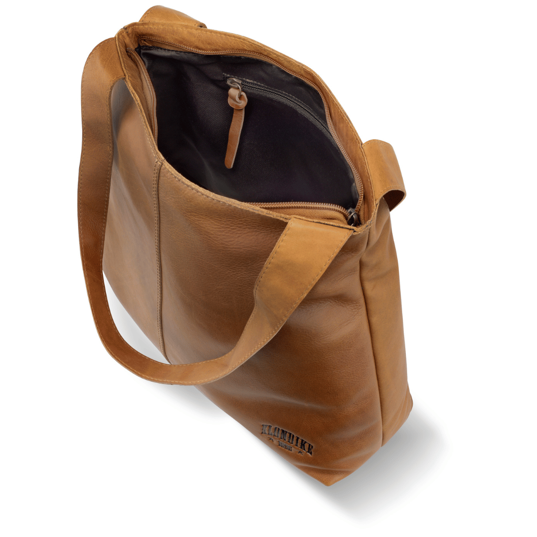 Geanta de umar dama, KLONDIKE, seria Rush Katrina, KD1314, 27 x 7 x 33 cm, piele naturala, maro cognac