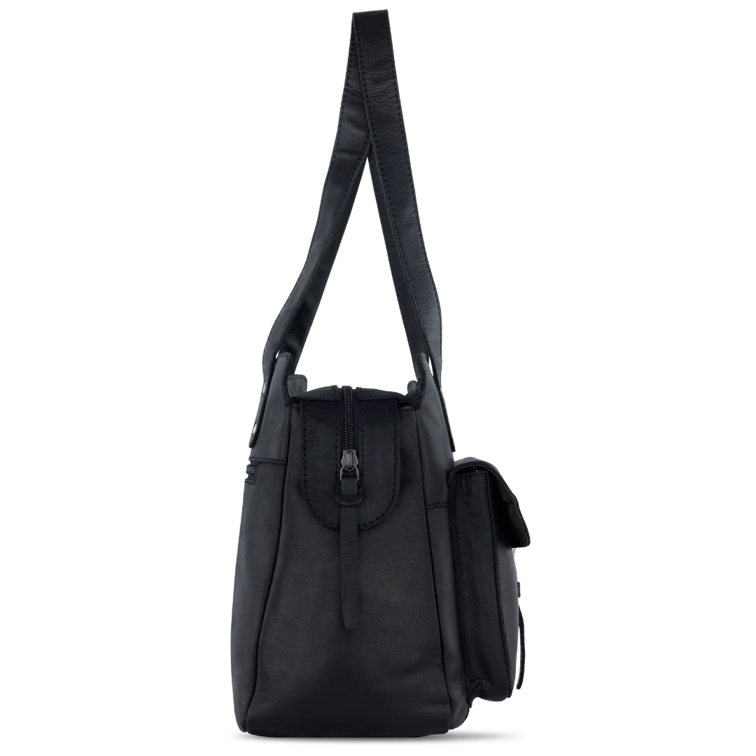 Geanta de umar dama, KLONDIKE, seria Rush Zoe, KD1310, 28 x 18 x 24 cm, piele naturala, neagra