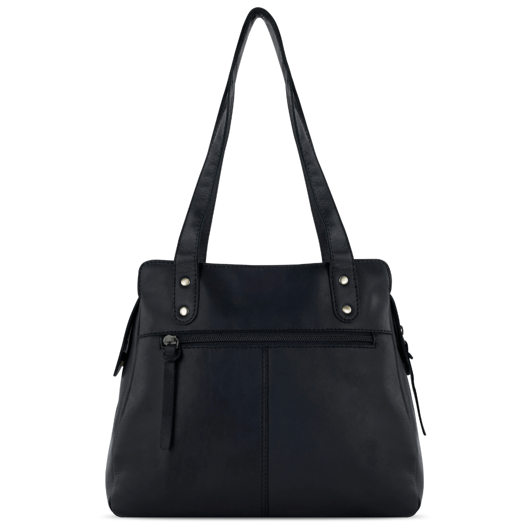 Geanta de umar dama, KLONDIKE, seria Rush Zoe, KD1310, 28 x 18 x 24 cm, piele naturala, neagra