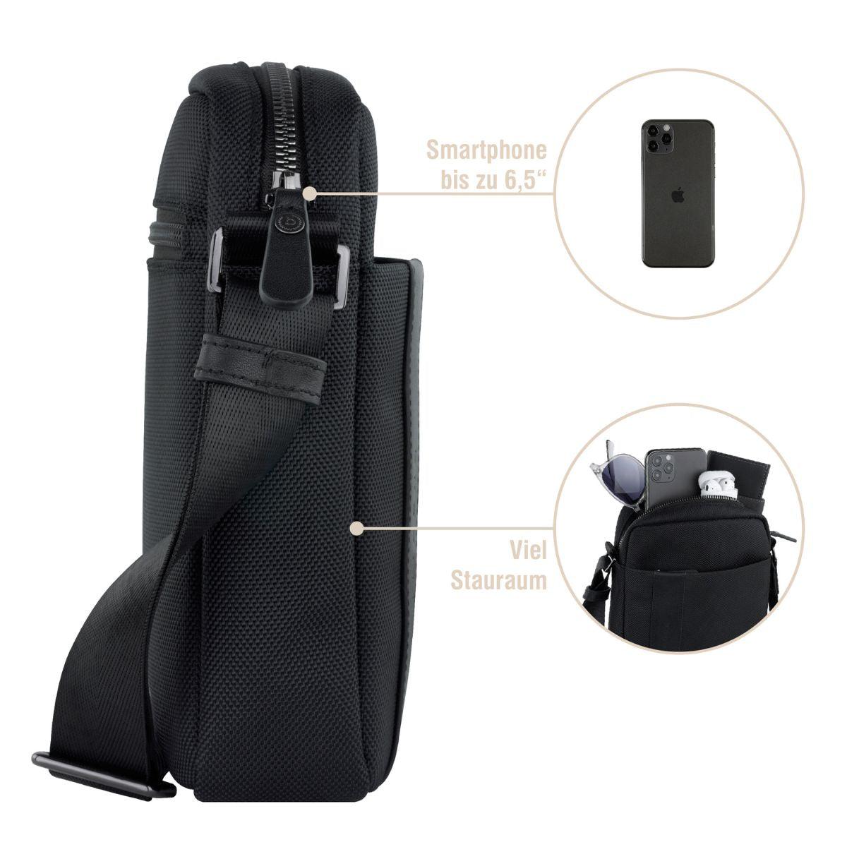 Geanta de Umar pentru Barbati, Bugatti Nero, 496406, Piele Naturala Neagra, Curea Reglabila, Compartimente multiple