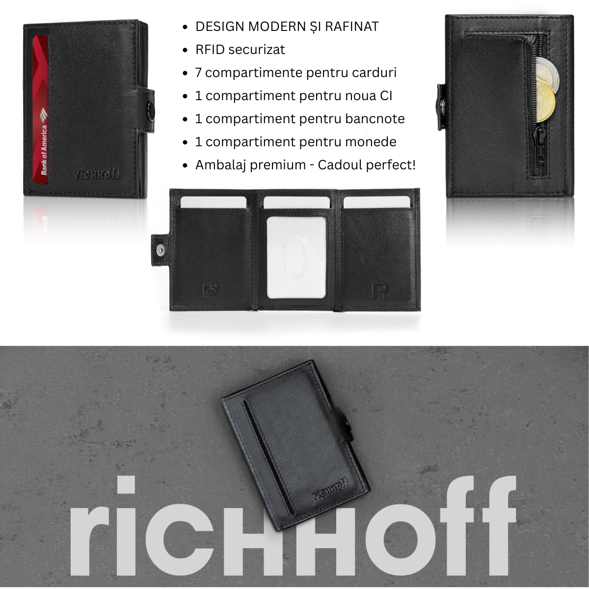 Portofel barbati, Richhoff, 1199909, piele neagra – minimalist, 7 carduri & compartiment CI + permis auto