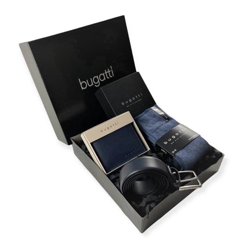 Set cadou bărbați, Bugatti, portofel, curea, șosete, albastru